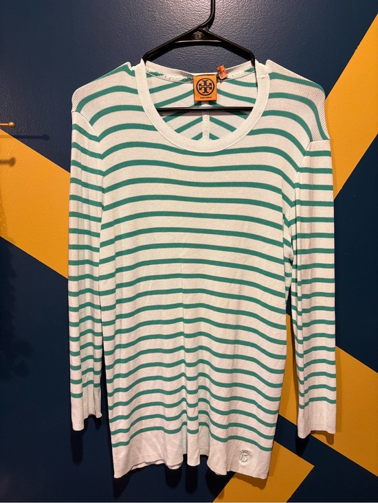 Tory Burch Tops - Tory Burch Green & Mint Striped Long Sleeve Top EUC